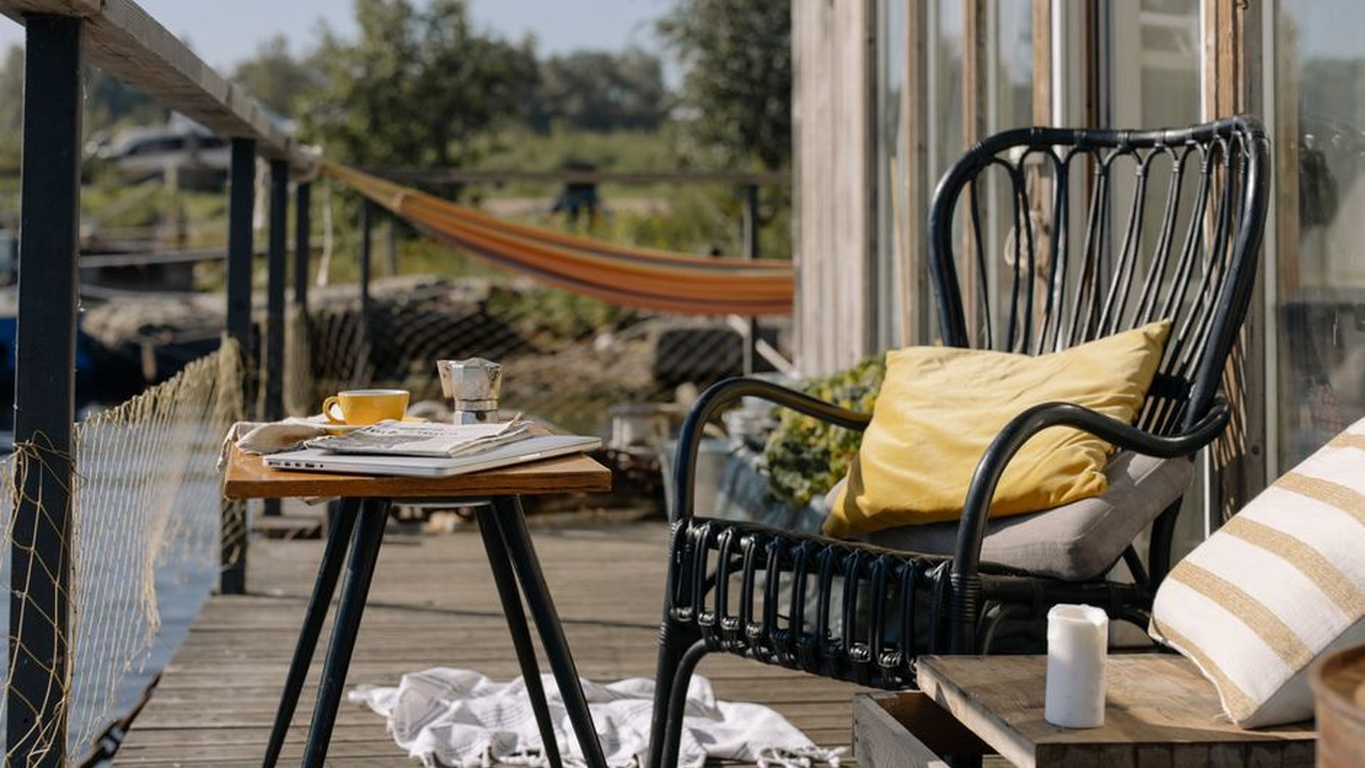 morning coffee balcony wooden chair journaling cor