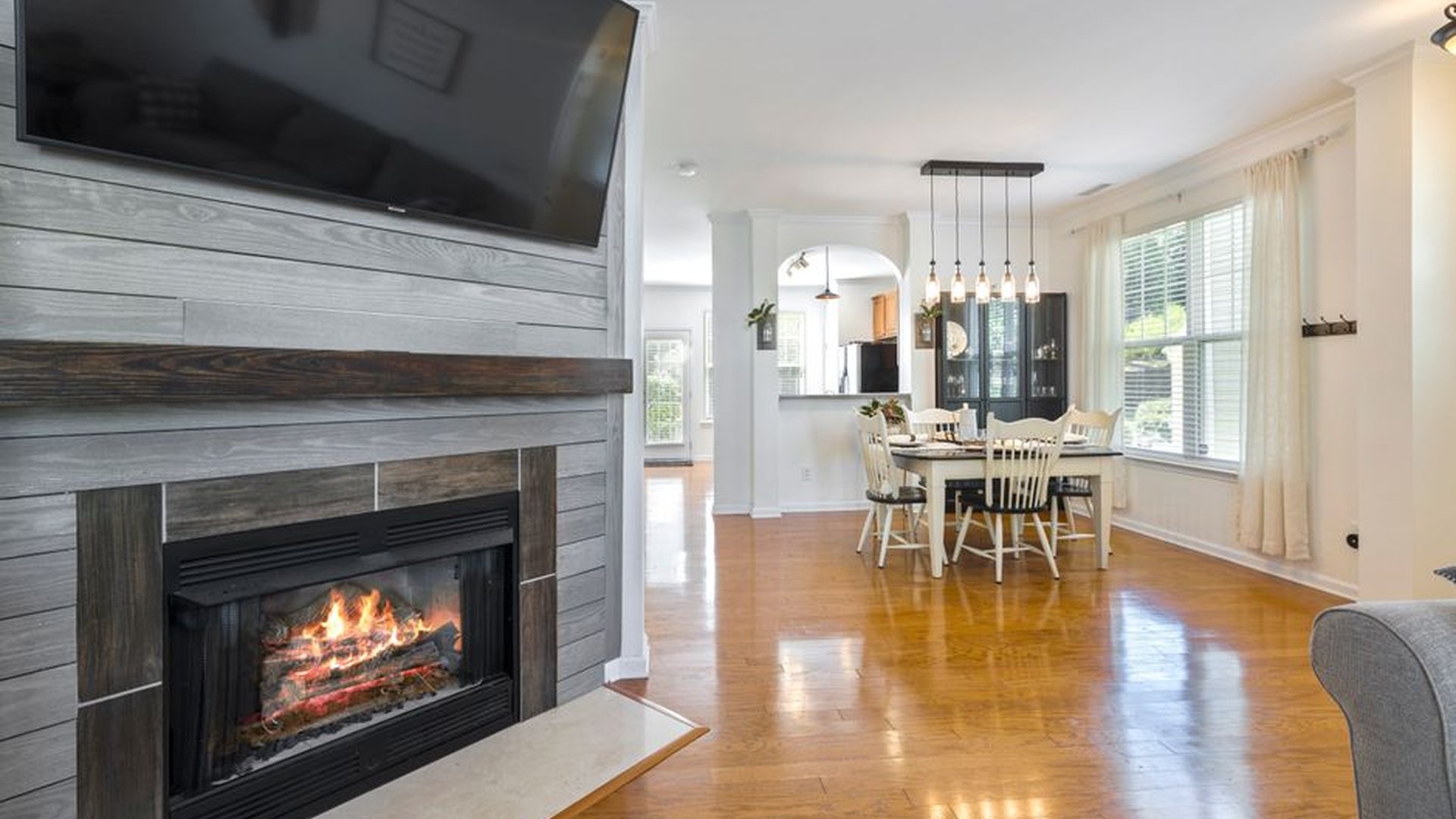 fireplace stone surround deep hearth wooden dining
