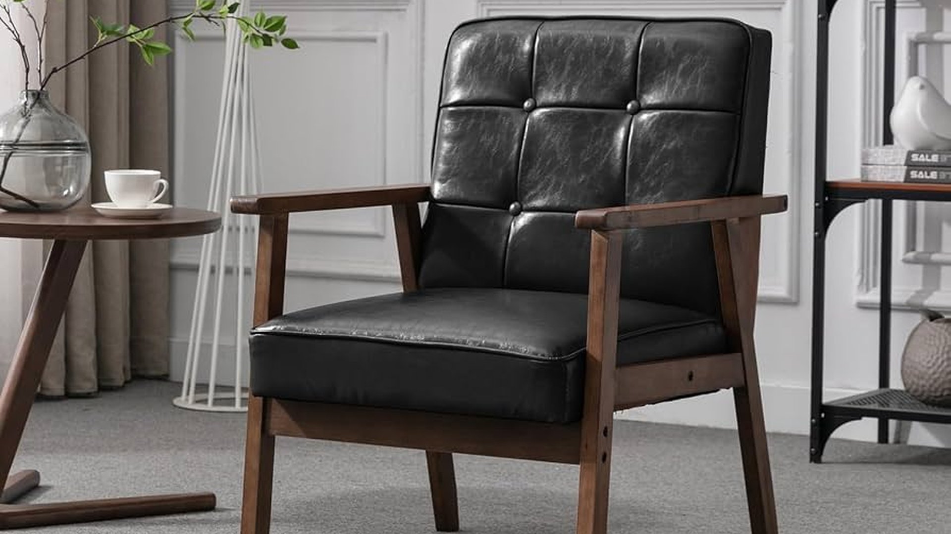 mid-century modern chair walnut wood black leather